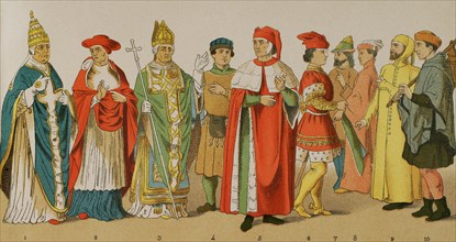 History of Italy. 1300. From left to right, 1: Pope, 2: cardinal, 3: archbishop, 4: citizen,