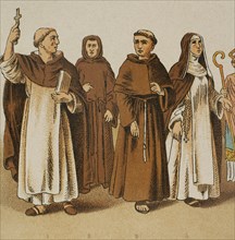 History of Italy. 1200. From left to right, 1: Dominican monk, 2: Augustinian friar, 3: Franciscan