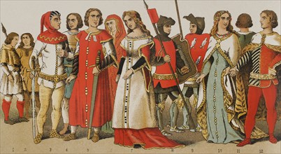 History of Spain. 1300. From left to right, 1-2: hunters, 3-4-5: noblemen, 6-7: noble ladies, 8-9: