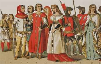 History of Spain. 1300. From left to right, 1-2: hunters, 3-4-5: noblemen, 6-7: noble ladies, 8-9: