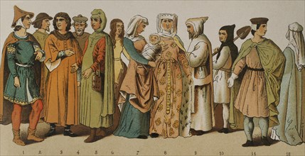 History of France. 1200. From left to right, 1-2-3-4-5-6-7: ordinary people dresses, 8: princess,