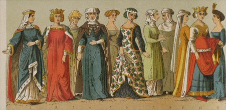 History of France. 1300. From left to right, 1 and 2: queens and princesses, 3: middle-class woman,