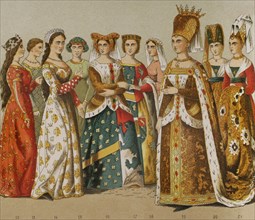 History of France. 1300. From left to right, 12: queen, 13-14-15-16: lady, 17: princess, 18: lady,