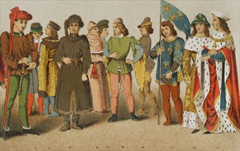 History of France. 1400. From left to right, 2: Charles VII of France (1403-1461), 3: citizen, 4-5: