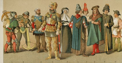 History of France. 1400. From left to right, 1-2: crosbowmen, 3-4: knights, 5: mourning gown,