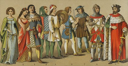 History of Germany. 1300-1350. From left to right, 1-2: dames, 3-4: noblemen, 5: armed citizen,