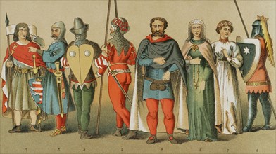 History of Germany. 14th century. From left to right, 1: Count of Thuringia, 2-5-8: knights in