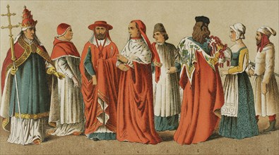 History of Italy. 1400. From left to right, 1: Pope Boniface IX, 3-4: cardinals, 5: canon, 6: