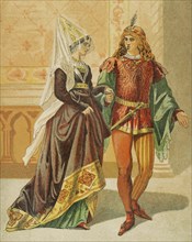 Europe. 14th century. Lady and minstrel. Chromolithography. ""Historia Universal"", by Cesar Cantu.