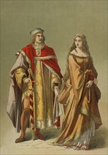 Europe. Middle Ages. 14th century. Lady and nobleman. Chromolithography. ""Historia Universal"", by