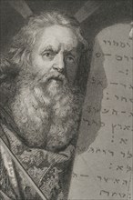 Old Testament. Prophet Moses with the Tablets of the Law. Engraving. Detail. "Historia Universal",