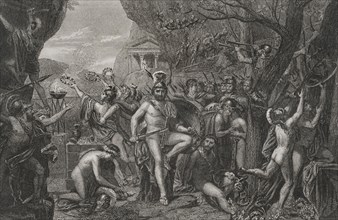 Leonidas at Thermopylae. Engraving based on the painting by Jacques-Louis David. It depicts the