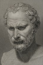 Demosthenes (384 BC - 322 BC). Greek orator and statesman. Portrait. Engraving. Detail. "Historia