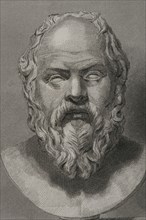 Socrates (469 BC - 399 BC). Greek philosopher. Portrait. Engraving. Detail. "Historia Universal",