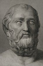 Plato (428/427 BC-348/347 BC). Greek philosopher. Portrait. Engraving by Geoffroy. "Historia