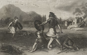 Fight between the Horatii and the Curiatii. Engraving. "Historia Universal", by César Cantú. Volume