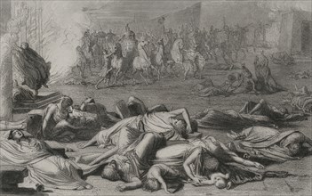 Numantine War. Siege of Numantia by Roman troops, 133 BC. Destruction of the city. Engraving.