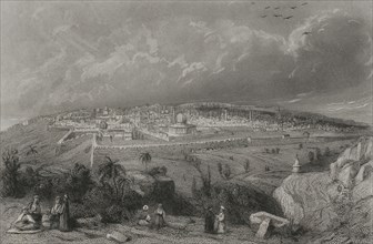 History of Israel. Jerusalem. Panoramic view of the city. Engraving. "Historia Universal", by César