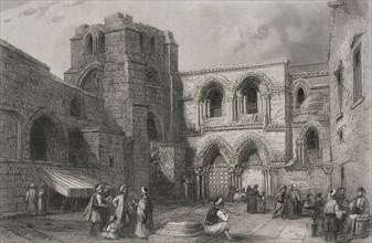 History of Israel. Jerusalem. Entrance to the Church of the Holy Sepulchre. Engraving. "Historia