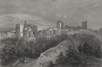 History of Spain. Andalusia. Granada. Panoramic view of the Alhambra. Engraving by Geoffroy.