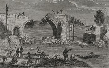 Franco-Prussian War (1870-1871). Reparation of the railway bridge over the Marne river at Trilport,