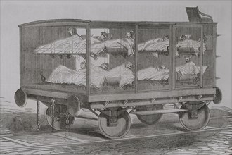 Franco-Prussian War (1870-1871). Casualty transport wagon. Engraving. ""Historia de la Guerra de