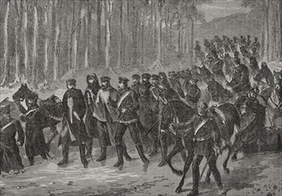 Franco-Prussian War (1870-1871). German cavalry marching towards Paris. Engraving. ""Historia de la