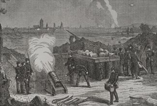 Franco-Prussian War (1870-1871). Siege of Selestat (Schlettstadt) by Prussian troops. Bombardment