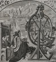 Wheel of Fortune. Engraving by Maradan after a miniature of Boethius ""Consolatio Philosophiae"",