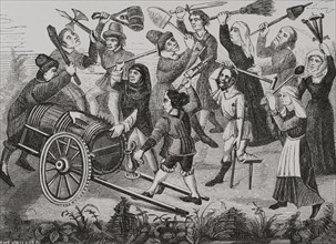 Battle of beggars and peasants over a barrel of wine. Engraving after a miniature from the book of