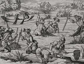 River fishing. Facsimile of an engraving from a Latin edition of Pliny. Frankfurt, 1584. Sciences &