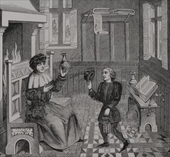 Interior of a Doctor's House. Engraving from a miniature of the ""Epistre de Othea"" by Christine