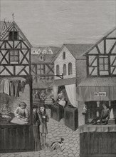 Shops in a street: barber, furrier and tailor. Engraving from a miniature of the ""Livre du regime