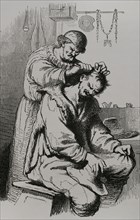 A barber-surgeon performing an operation. Facsimile of a 17th-century engraving by Cornelis de Wael