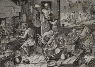 Laboratory of an alchemist. Engraving by Huyot after a panel by Pieter Brueghel the Elder and