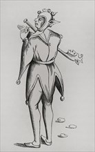 Buffoon holding a puppet beneath his arm. Engraving based on a miniature from a 15th-century