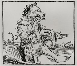 Monsters born from the Deluge. Dog-headed man. After wood engraving in the ""Chronique de