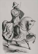 Knight in battledress. Engraving after a miniature in a psalter written during the reign of King