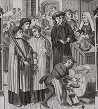 Dues on wines, privilege granted to the Chapter of Tournai by King Chilperic. Two clergymen, one