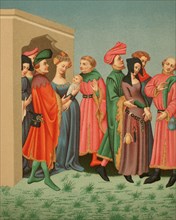 A young mother's retinue, depicting the Parisian costumes at the end of the 14th century.