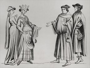 Noble lady and maid of honour accompanied by two bourgeois men wearing chaperon. 14th century.