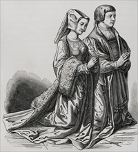 Bourgeois of Ghent in ceremonial costume, kneeling at the church. Engraving based on a stained