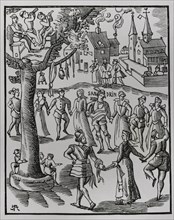 Village feast. Facsimile after a woodcut of the ""Sandrin ou Verd Galant"", edition of 1609.