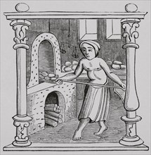 Bread making. Engraving after a miniature in a calendar published in a 16th century book of hours.