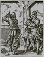 The butcher and his assistant preparing to slaughter an animal. Facsimile after a drawing and