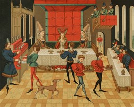 Table service of a Lady of Quality. Chromolithography from a miniature of the ""Roman de Renaud de