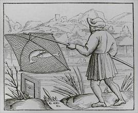 The pond fisherman. Engraving after a woodcut in Sebastian Monster's ""Cosmographia universalis"",