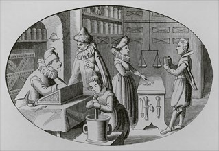 French druggist and grocer, 16th century. Engraving after an illustration by Jean de Vries in the