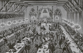 Grand ceremonial banquet at the French Court in the 14th century, with ""entremets"" (dishes that