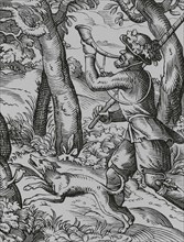 German hunter. Facsimile after a drawing and engraving by Jost Amman in the 16th century. ""Moeurs,